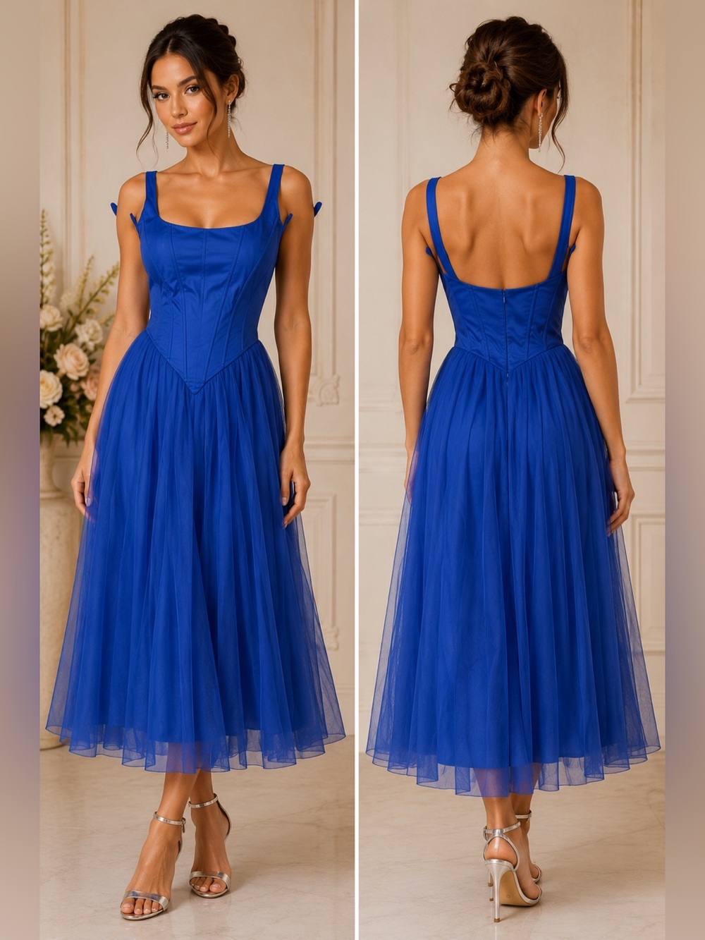 NWT Lace & Beads Cobalt Blue Tulle Drop Hem Corset Maxi Dress Gown 4 Prom